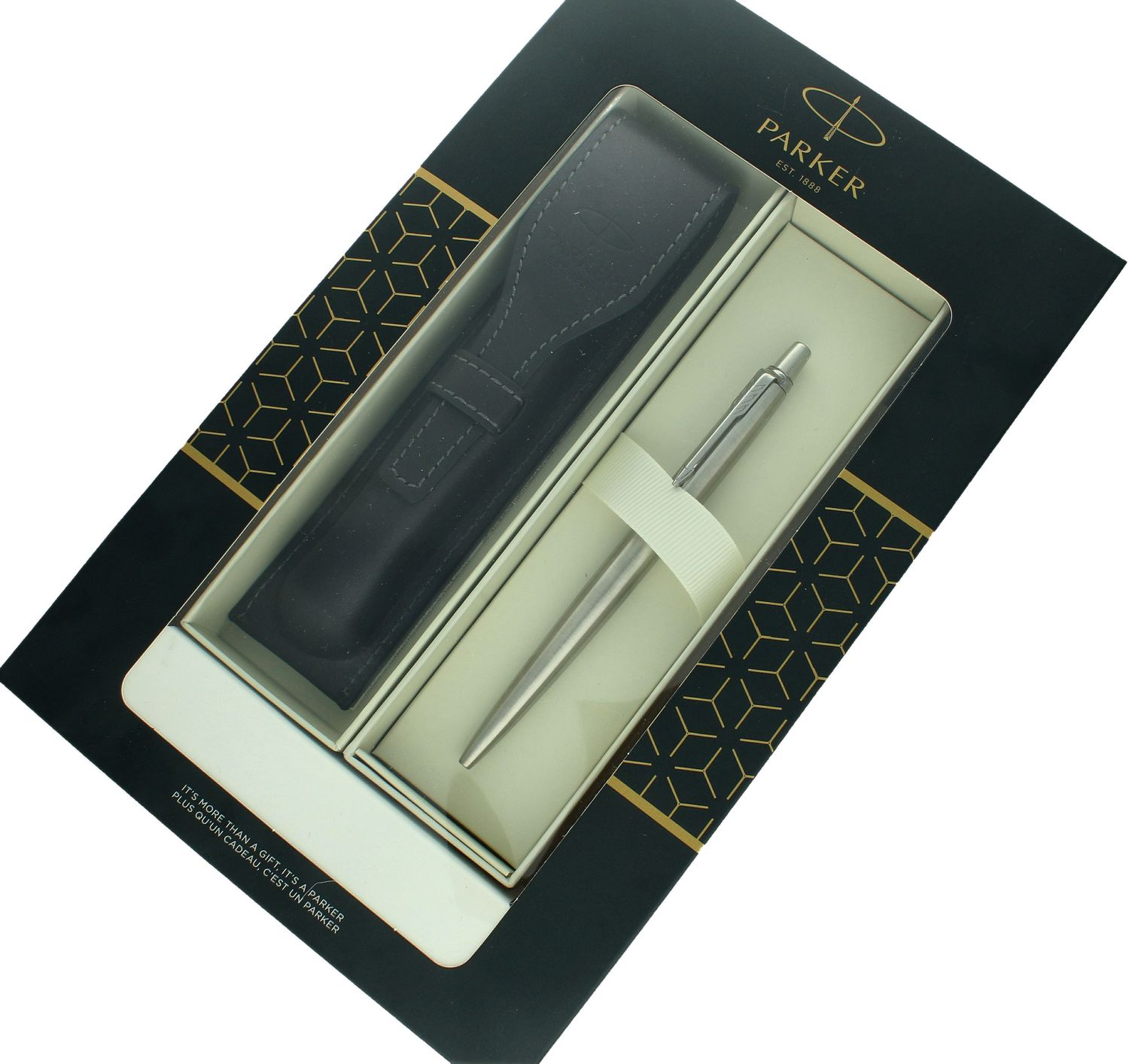 Zestaw Prezentowy Parker Długopis Srebrny  i czarne skórzane etui do długopisu S0821390. Zestaw prezentowy Parker. Paker na prezent z etui. Długopis Parker z etui na prezent. Srebrny długopis Parker dla nauczyciela (3).jpg